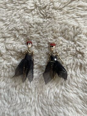 Skeleton Doll Drop Earrings in Black and Gold